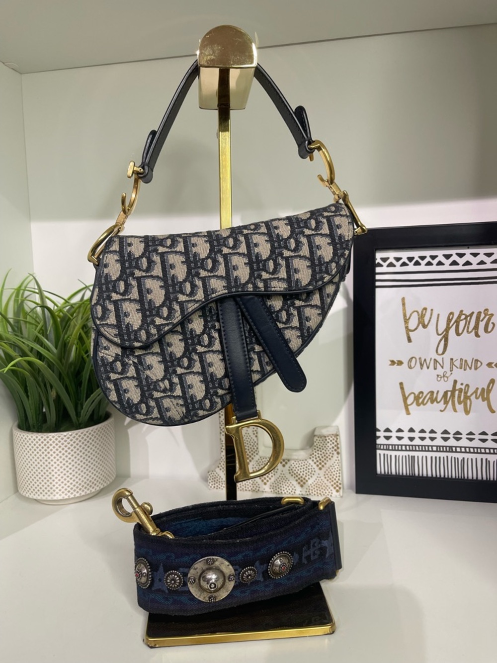Dior Navy and Beige Mini Saddle Bag with Gold Hardware